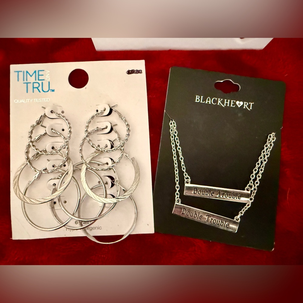 Silver Hoop Earrings and Necklace Set